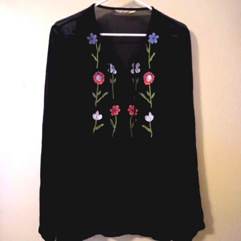 Putumayo Black Embroidered Sheer Boho Blouse Size Small